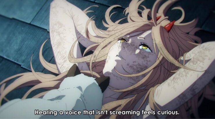 Image from the anime series Chainsaw Man. The subtitles read: "Hearing a voice that isn't screaming feels curious."
