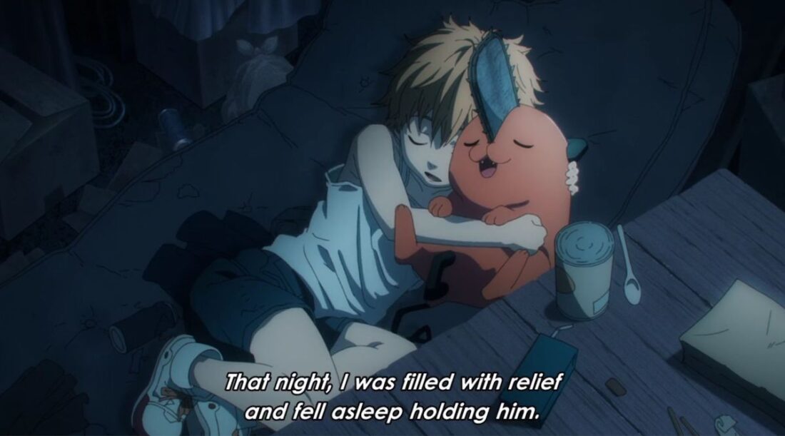 Image from the anime series Chainsaw Man. The subtitles read: "That night, I was filled with relief and fell asleep holding him."