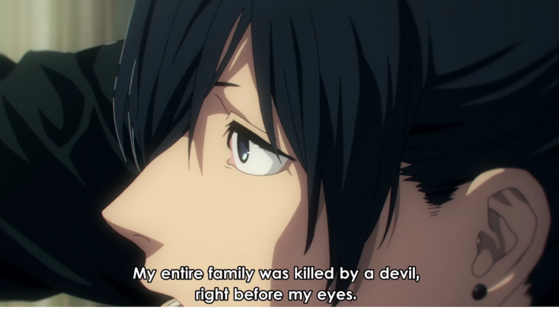 Image from the anime series Chainsaw Man. The subtitles read: "My entire family was killed by a devil, right before my eyes."