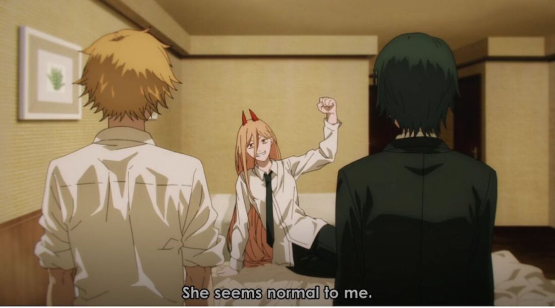 Image from the anime series Chainsaw Man. The subtitles read: "She seems normal to me."