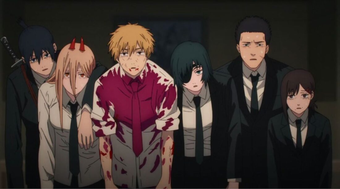 Image from the anime series Chainsaw Man: A group of six characters stand together in exhausted postures; Denji is covered in blood.