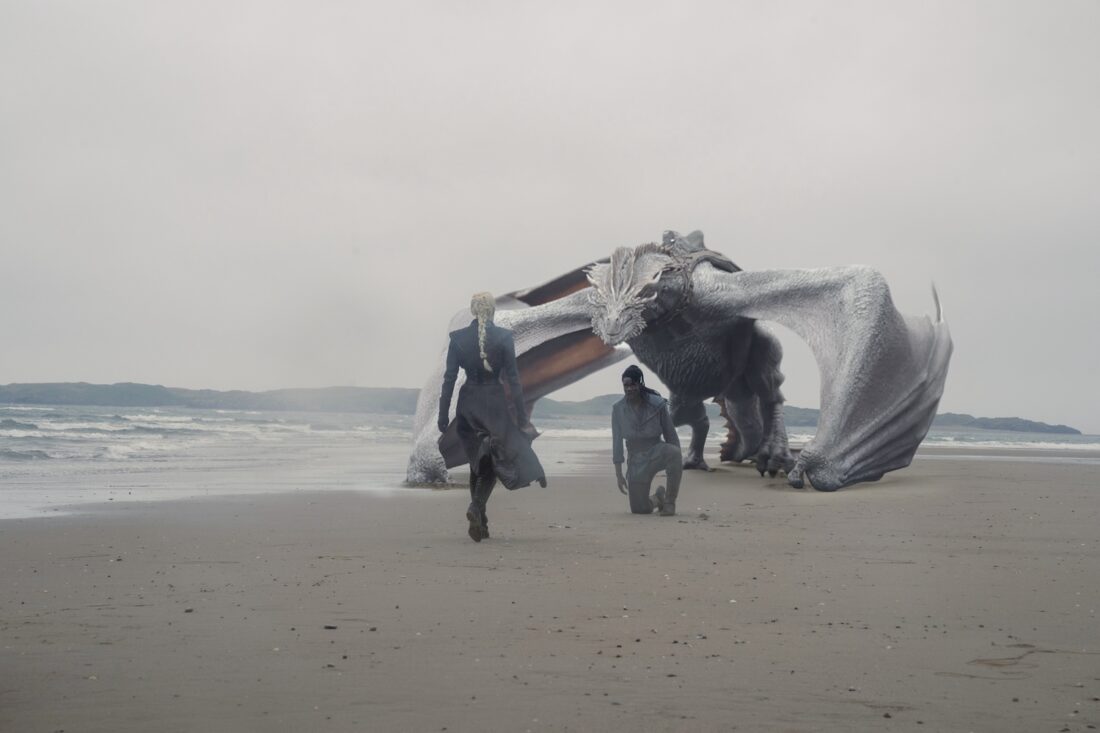 A scene from House of the Dragon, season 2 episode 7: Rhaenyra (Emma D'Arcy) approaches Addam of Hull (Clinton Liberty) and the dragon Seasmoke