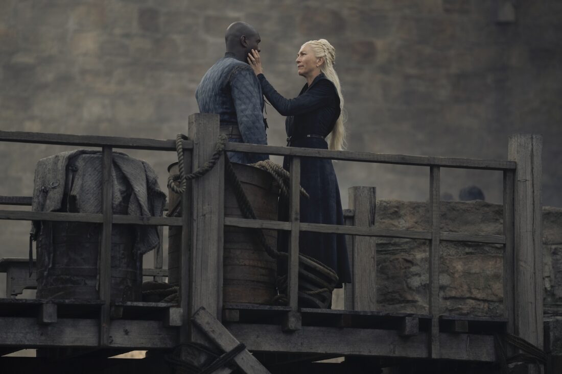 Rhaenys (Eve Best) approaches Alyn (Abubakar Salim) in a scene from House of the Dragon: "A Dance of Dragons"