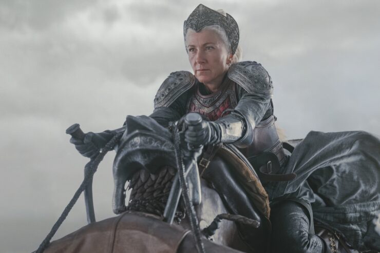 Close-up of Rhaenys (Eve Best) riding a dragon in House of the Dragon: "A Dance of Dragons"