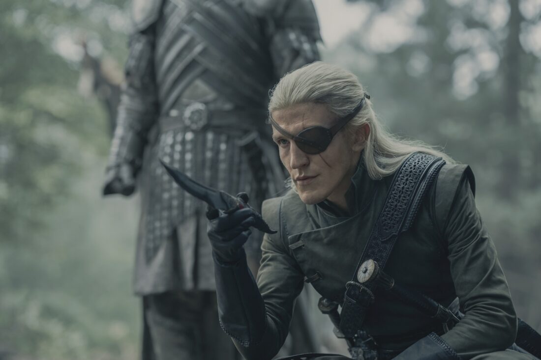 Aemond Targaryen (Ewan Mitchell) holds a dagger in a scene from House of the Dragon: "A Dance of Dragons"