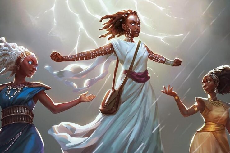 Illustration of three women with glowing eyes; the central figure also has glowing markings on her skin, and lightning crackles behind her. From the cover of Tobi Ogundiran's In the Shadow of the Fall