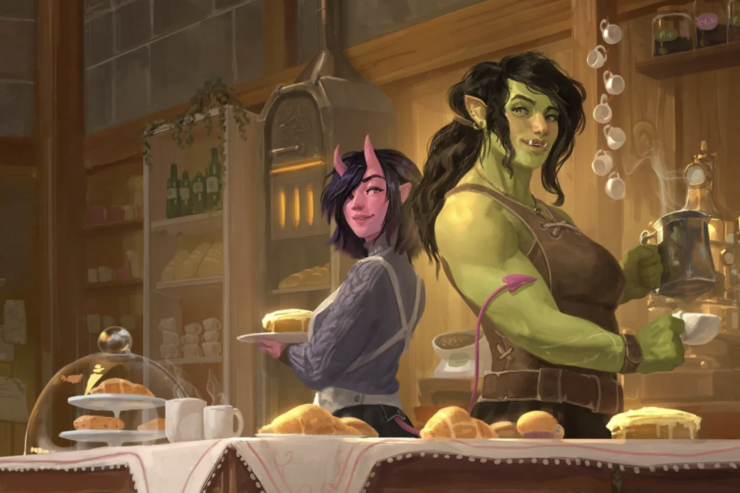 Illustration of a succubus and an orc standing back to back behind the counter of a coffee and pastry shop, from the cover of Travis Baldree's Legends and Lattes