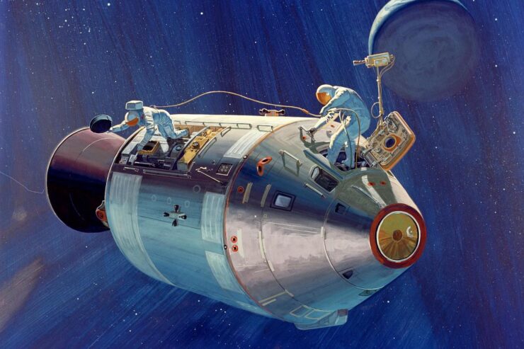 An artist's concept of the Apollo 15 Command and Service Modules, showing two crewmembers performing a new-to-Apollo extravehicular activity.