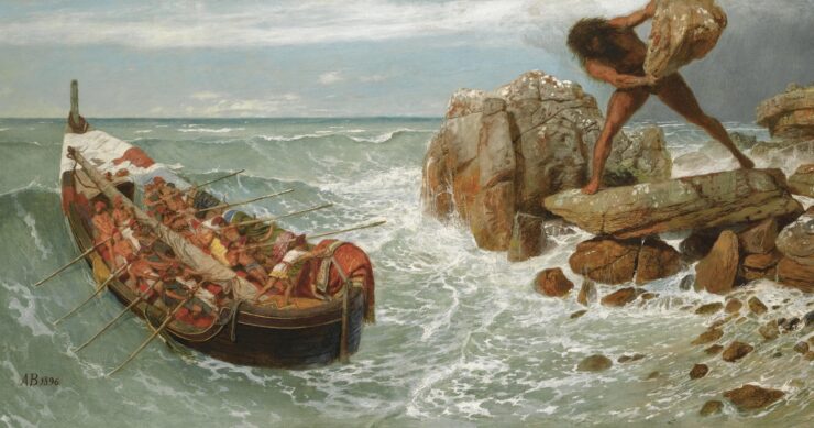 Painting depicting Odysseus and his crew fleeing while the cyclops Polyphemus hurls rocks at their boat