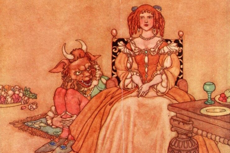 Illustration: Beauty sits on a chair at a dining table while the Beast sits beside her on the floor