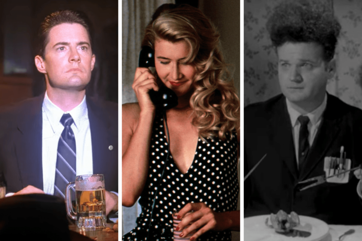 Close-ups of three characters from David Lynch's work: Kyle MacLachlan as Dale Cooper in Twin Peaks, Laura Dern as Lula in Wild at Heart, and Jack Nance as Henry in Eraserhead