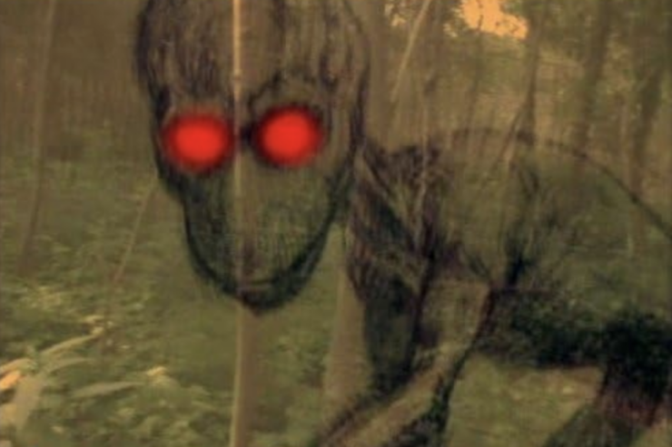 Illustration of the Dover Demon superimposed over a forest, from "The Lost Tapes"