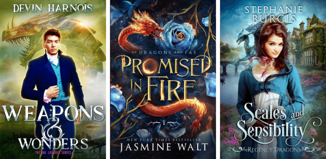 Covers of three books in the dragon-romance subgenre: Weapons & Wonders by Devin Harnois, Promised in Fire by Jasmine Walt, and Scales and Sensibility by Stephanie Burgis