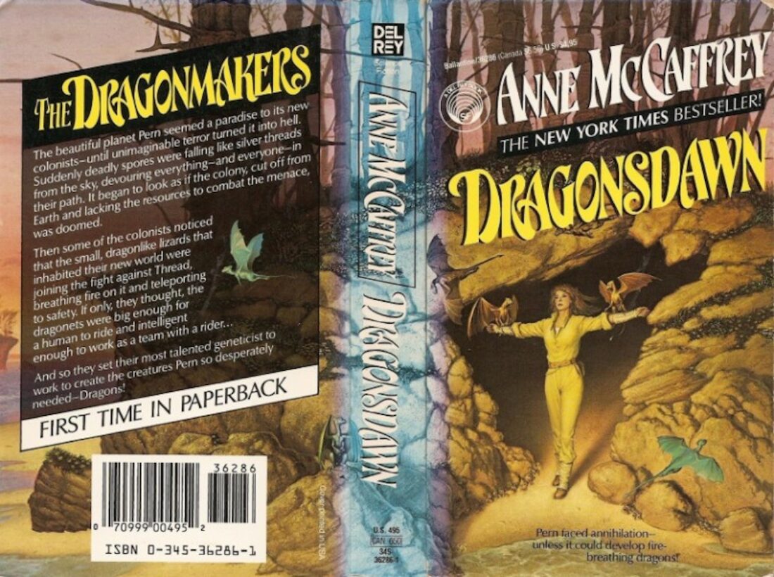 Full wrap-around cover of Anne McCaffrey's Dragonsdawn with art by Michael Whelan