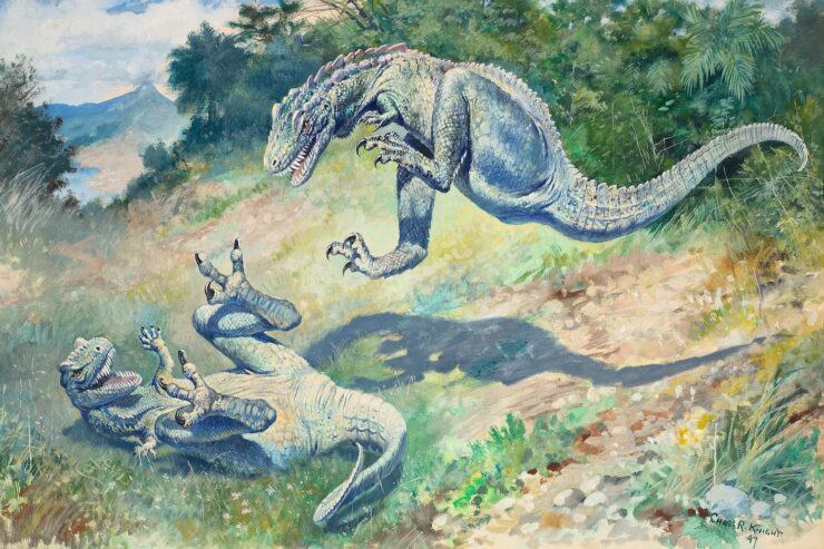 Painting depicting two Laelaps/Dryptosaurus fighting; one lies on its back while the other leaps towards it.