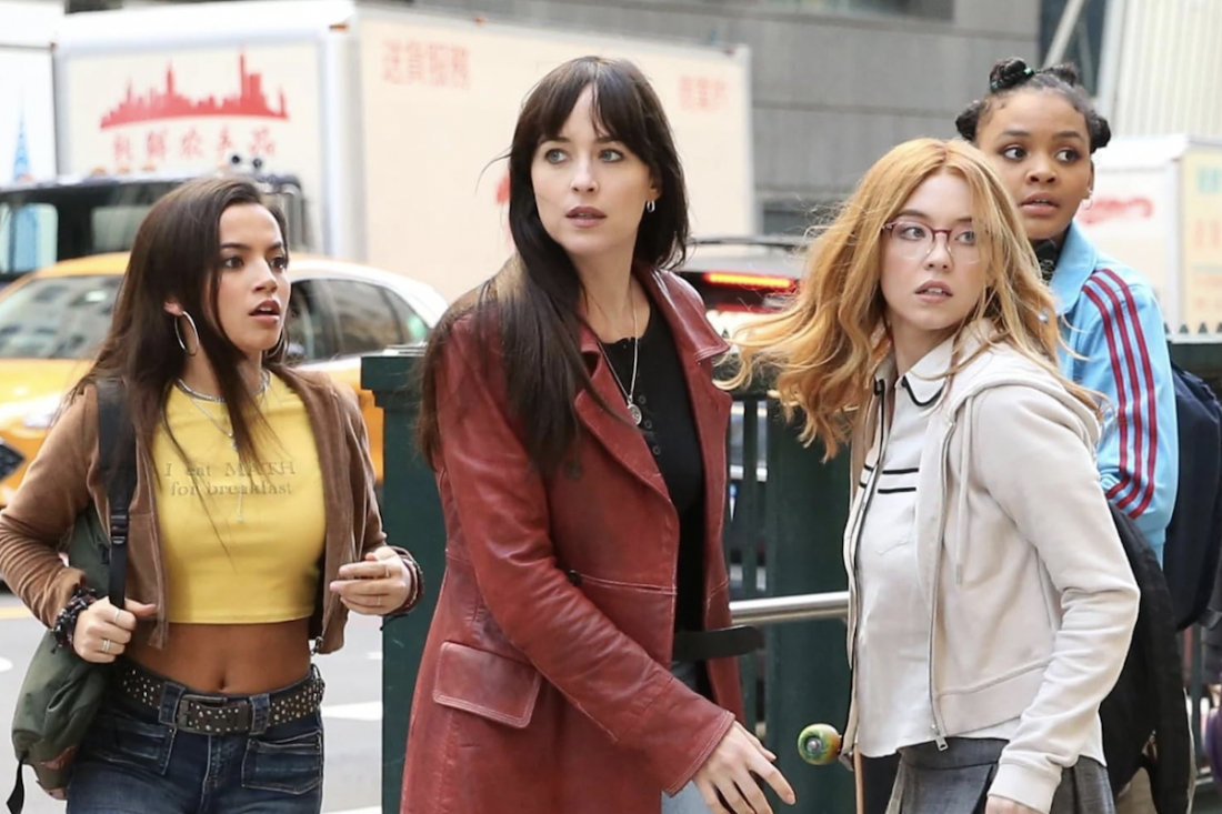 Dakota Johnson, Sydney Sweeney, Isabela Merced, and Celeste O’Connor in a scene from Madame Web