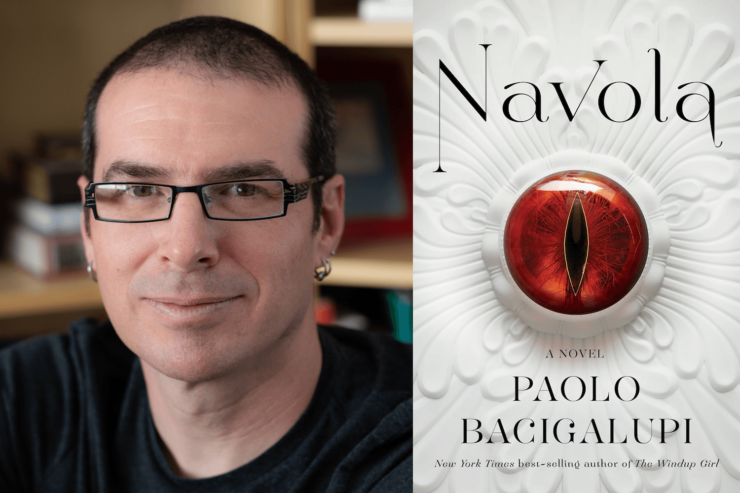 author Paolo Bacigalupi and the cover of his latest novel, Navola