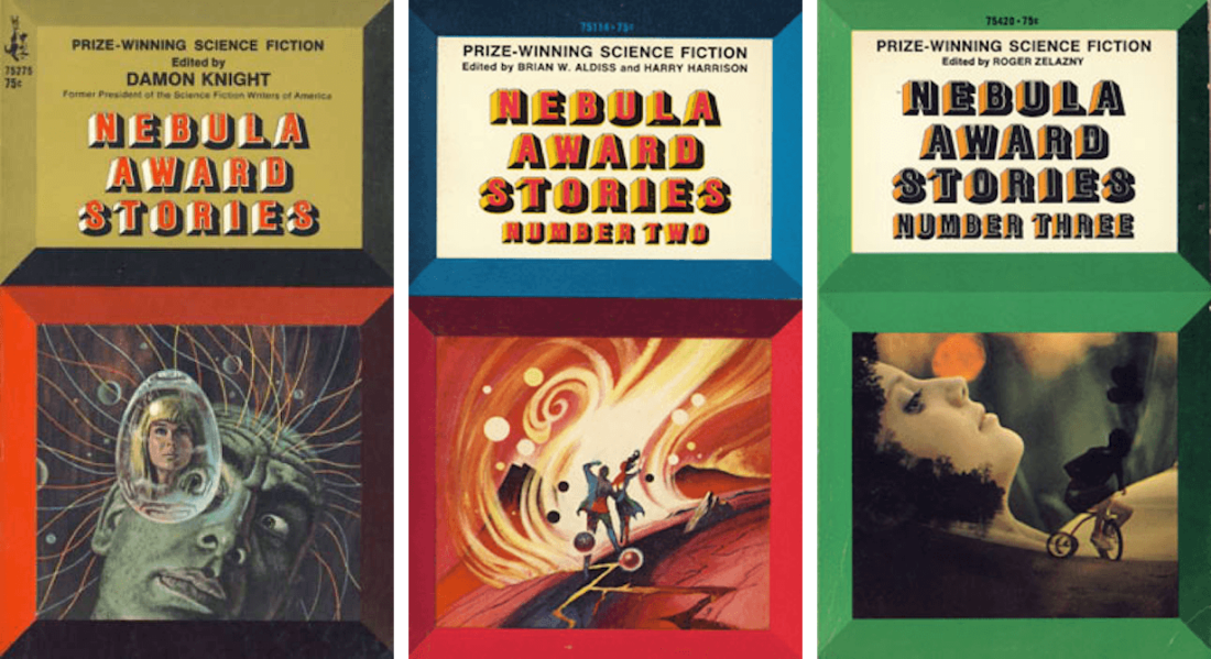 Covers of the first three volumes of Nebula Award Stories