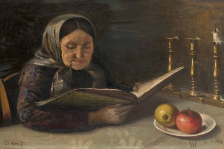 Painting of an old woman wearing glasses and a head scarf; she is seated at a table and holds an open book. Three candelsticks and a plate with two apples rest on the table.