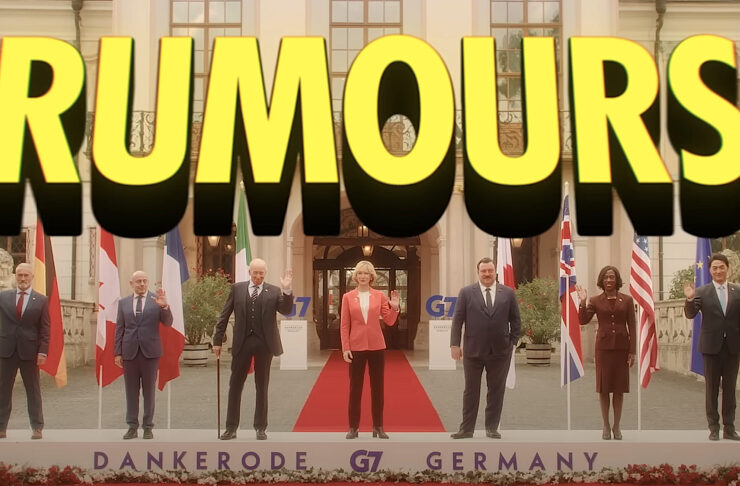 Ensemble cast of Rumours on a G7 podium