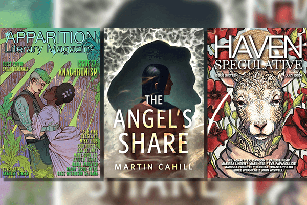 Covers of Apparition Magazine, The Angel's Share, and Haven Speculative Magazine