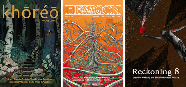 Cover of three recent short fiction magazines: Khoreo, Hexagon, and Reckoning