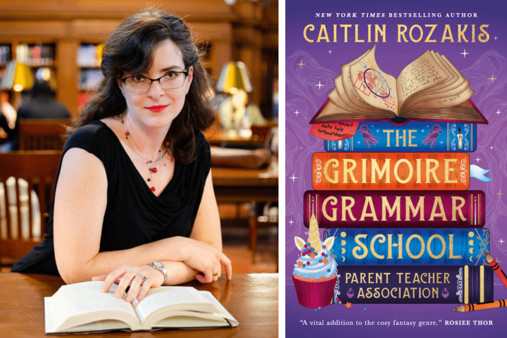 author Caitlin Rozakis and the cover of their upcoming book, The Grimoire Grammar School Parent Teacher Association