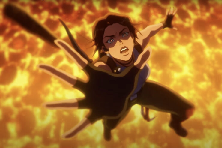 Lara Croft falling into lava in Tomb Raider: The Legend of Lara Croft