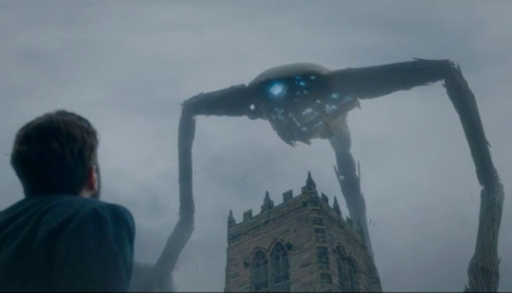 Scene from The War of the Worlds (2019, BBC): an alien tripod looms over a church tower and a human figure.