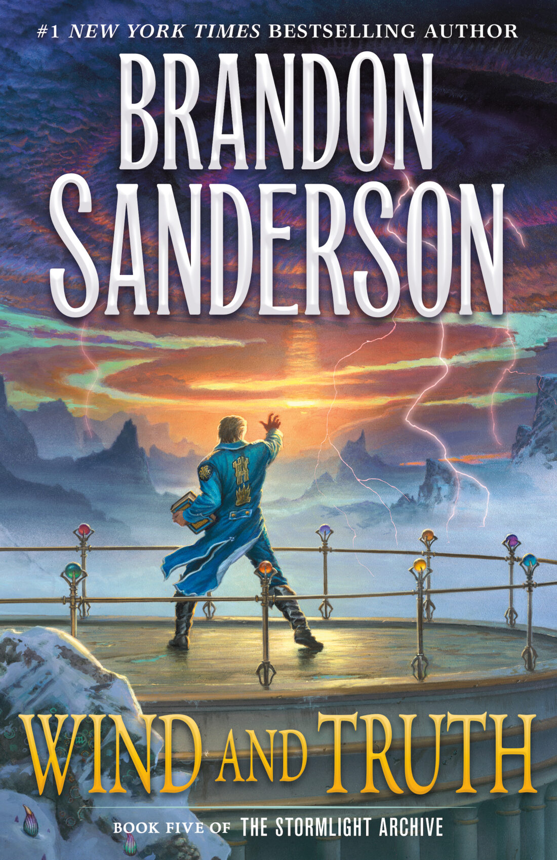 Cover of Brandon Sanderson's Wind and Truth with art by Michael Whelan: A figure in a blue coat is seen from behind; he holds a book in his left hand and is right arm is extended out towards the background. The sky is full of swirling clouds and lightning strikes are visible in the distance.