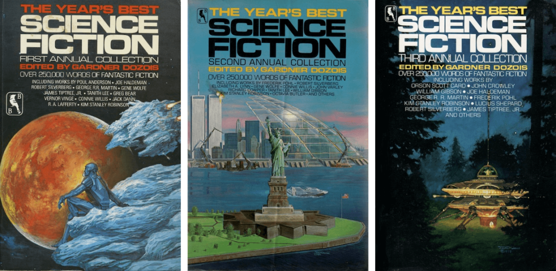 Covers of the first three volumes of The Year’s Best Science Fiction