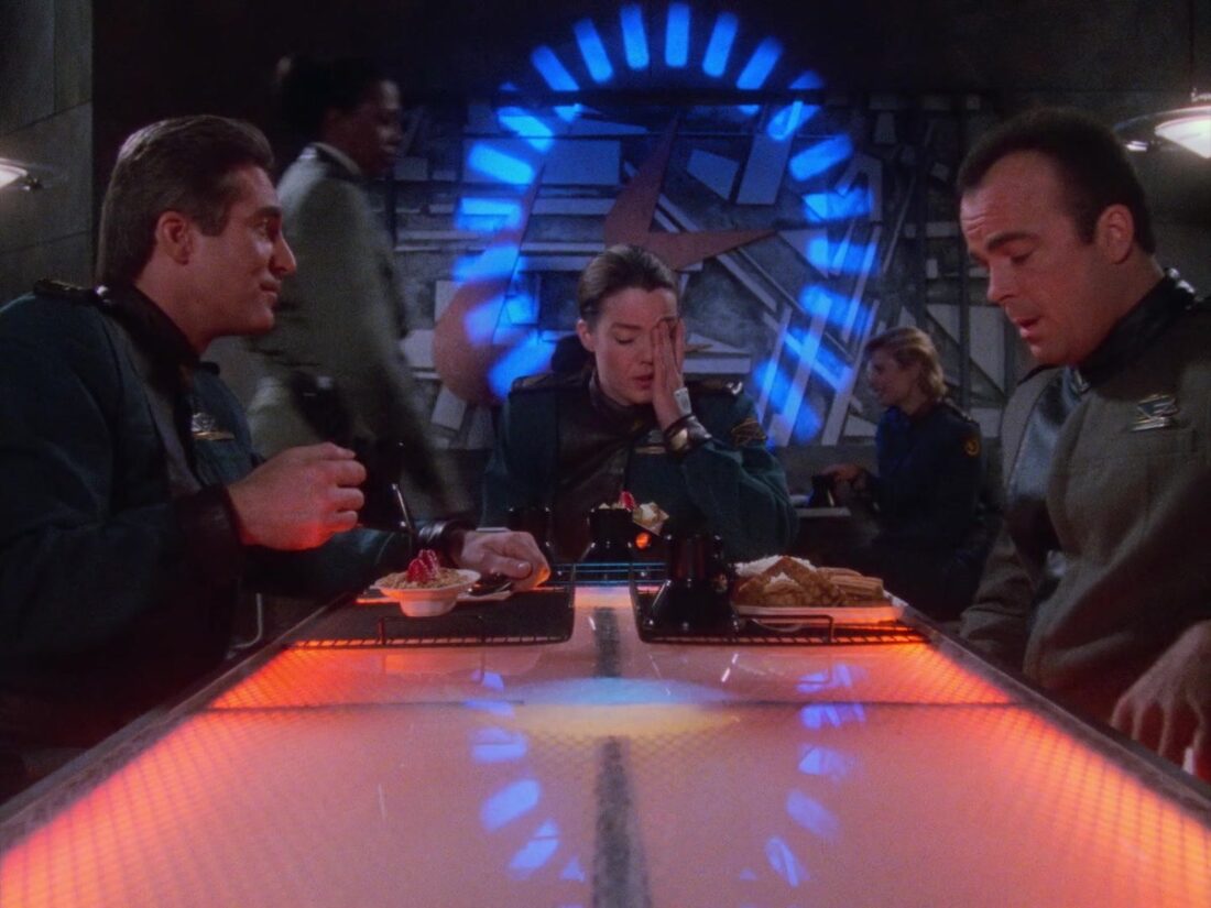 A scene from Babylon 5 "Babylon Squared": Sinclair, Ivanova, and Garibaldi at breakfast