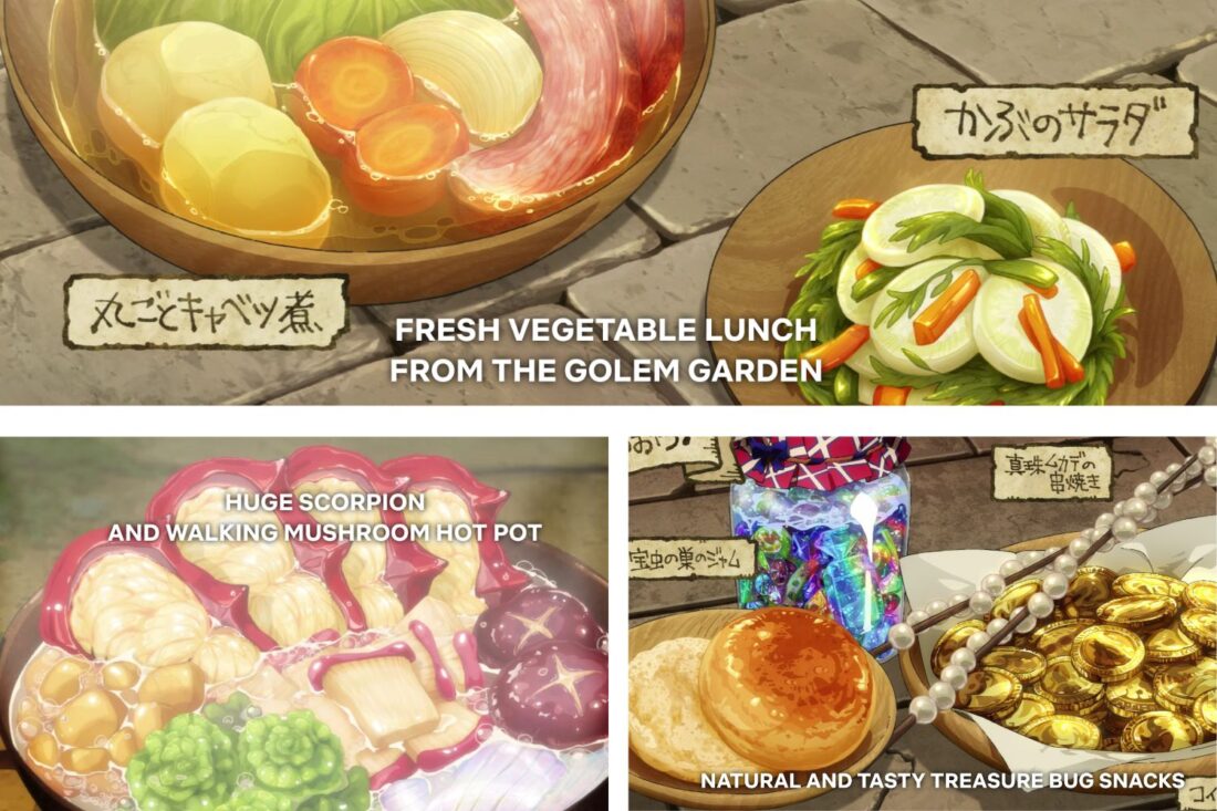 Three images from Delicious in Dungeon featuring various monster meals; captions read: "Fresh vegetable lunch from the golem garden", "Huge scorpion and walking mushroom hot pot", and "Natural and tasty treasure bug snacks"