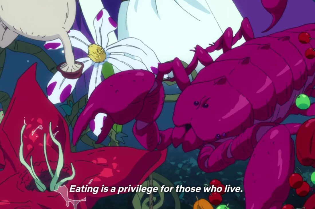 A scene from Delicious in Dungeon: close-up of a lobster-like creature and various plants. The caption reads "Eating is a privilege for those who live."