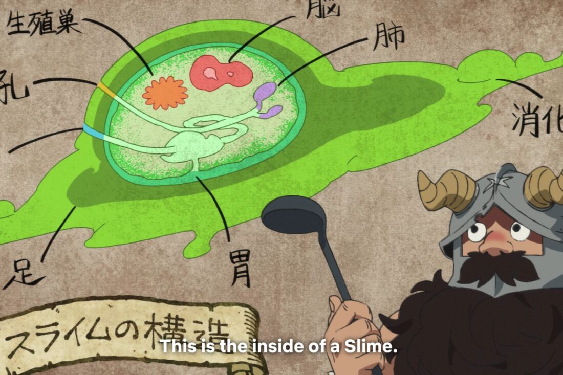 A scene from Delicious in Dungeon: Senshi points to a diagram of a Slime. The caption reads "This is the inside of a slime."