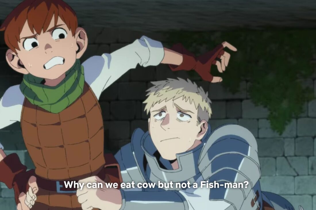 A scene from Delicious in Dungeon: Laios looks pleadingly at Chilchuck. The caption reads "Why can we eat cow but not a Fish-man?"