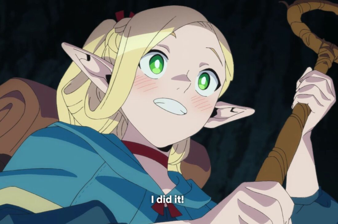 Marcille in a scene from Delicious in Dungeon. The caption reads "I did it!"