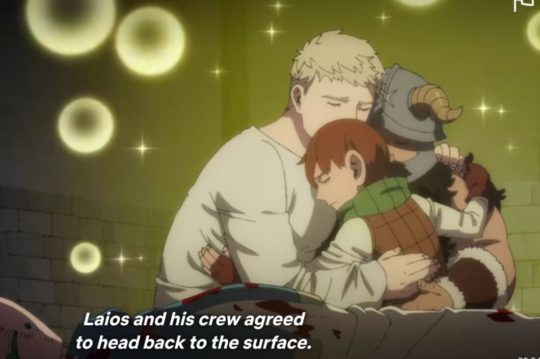 Laios, Chilchuck, and Senshi hug scene from Delicious in Dungeon, while a body lies in the foreground. The caption reads "Laios and his crew agreed to head back to the surface."