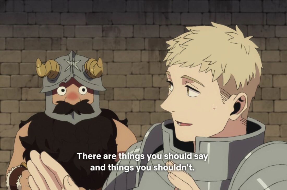 Senshi and Laios in a scene from Delicious in Dungeon. The caption reads "There are things you should say and things you shouldn't."