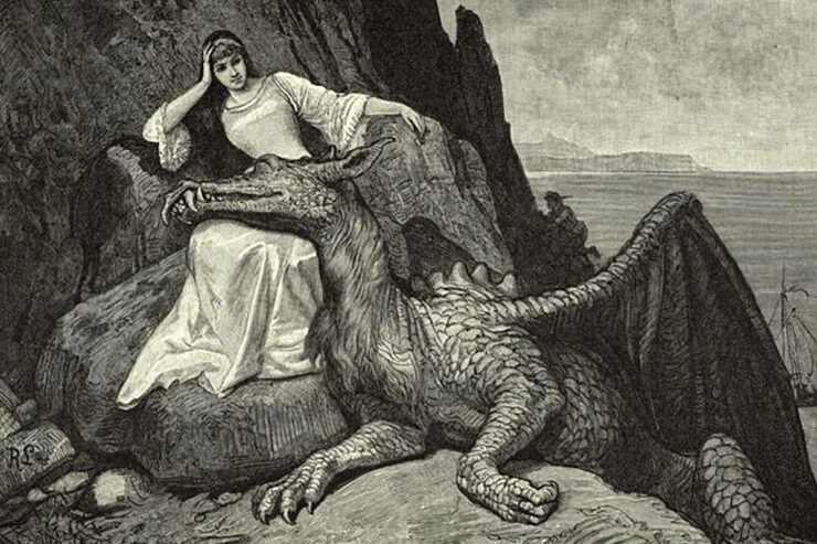 Illustration of a woman seated on rocks; a large dragon rests at her side with its head on her lap.