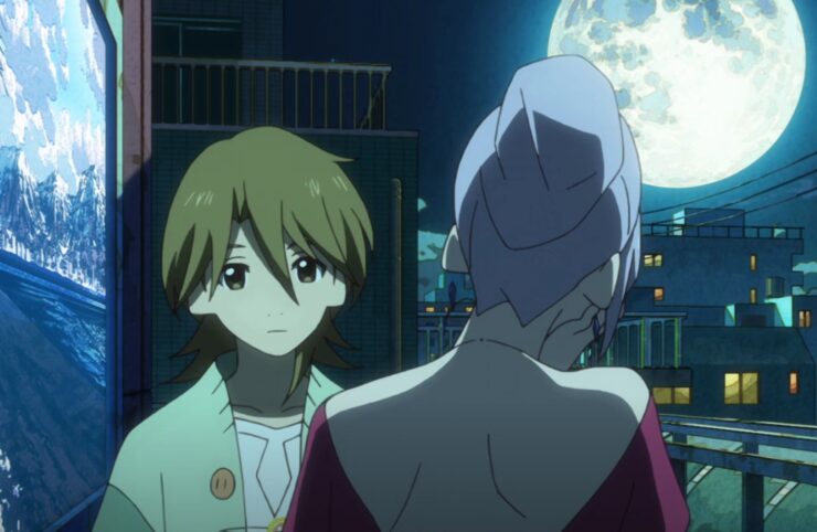 Yasaburō and Benten stand together in scene from the anime series The Eccentric Family.