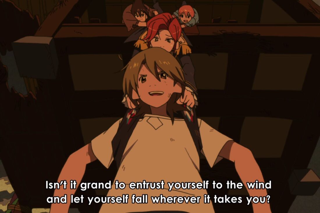 A scene from the anime series The Eccentric Family: Yasaburō dangles from the rafters, held up by Tōsen and his friends. The subtitles read: "Isn't it grand to entrust yourself to the wind and let yourself fall wherever it takes you?"