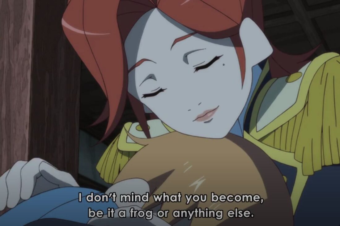 A scene from the anime series The Eccentric Family: Tōsen hugs one of her children. The subtitles read: "I don't mind what you become, be it a frog or anything else."