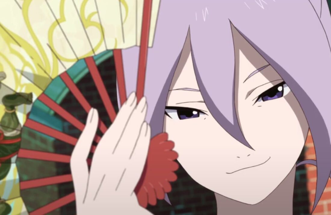 A scene from the anime series The Eccentric Family: a close-up of Benten holding a paper fan.