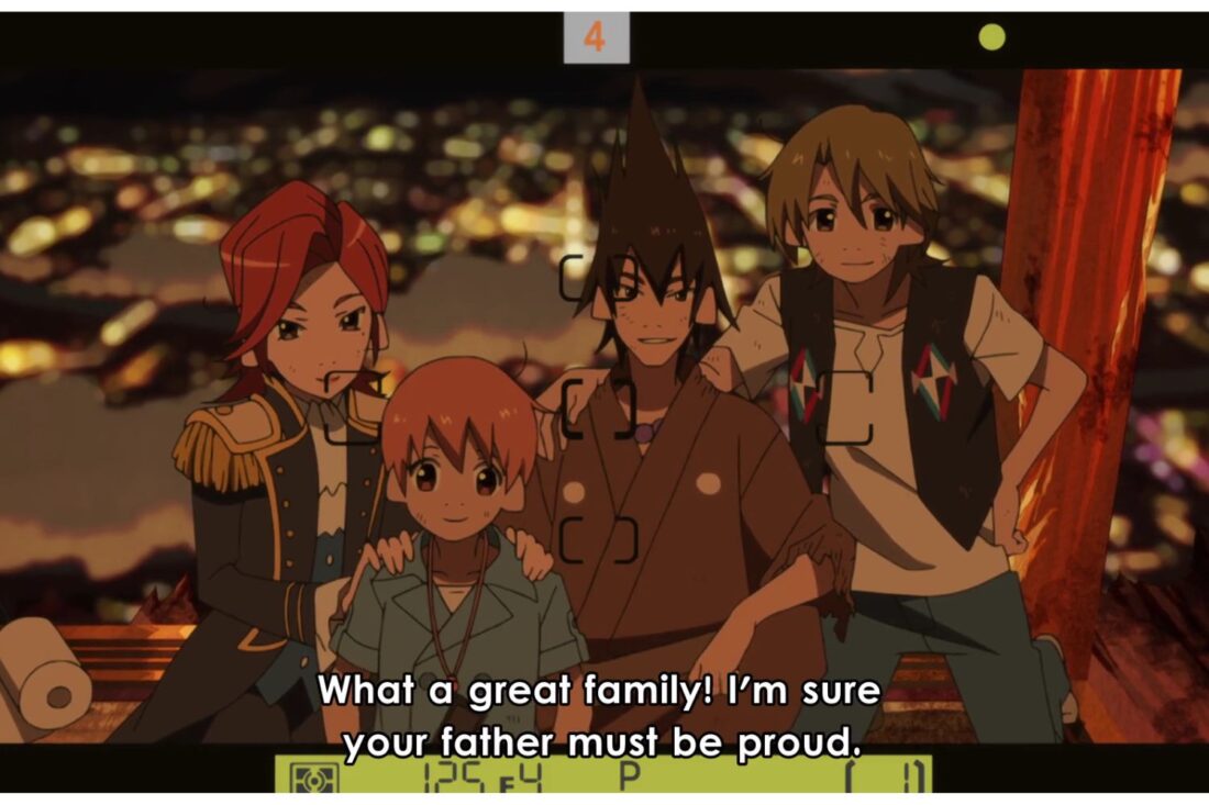 A scene from the anime series The Eccentric Family: Tōsen, Yashirō, Yaichirō, and Yasaburō Shimogamo pose for a photo.