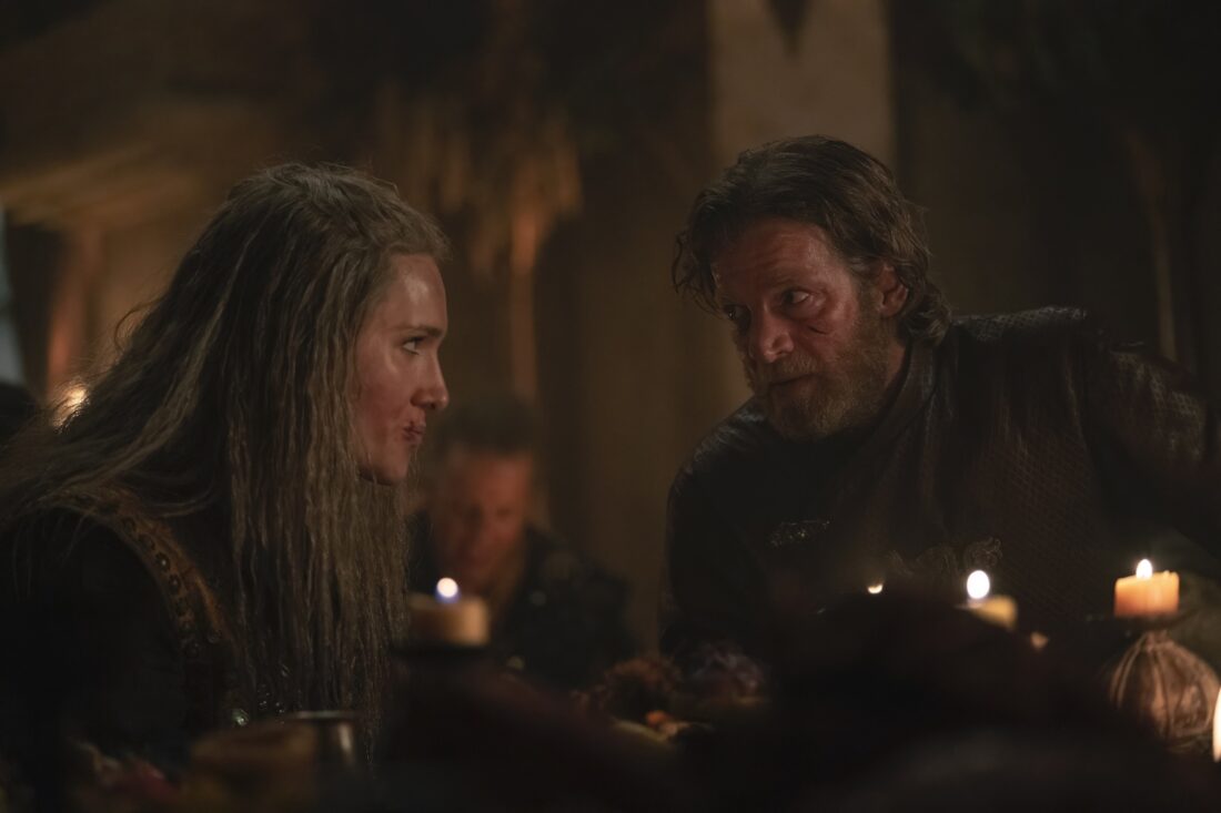 A scene from House of the Dragon season 2 episode 8: Sharako Lohar (Abigail Thorn) and Tyland Lannister (Jefferson Hall) sit and talk.