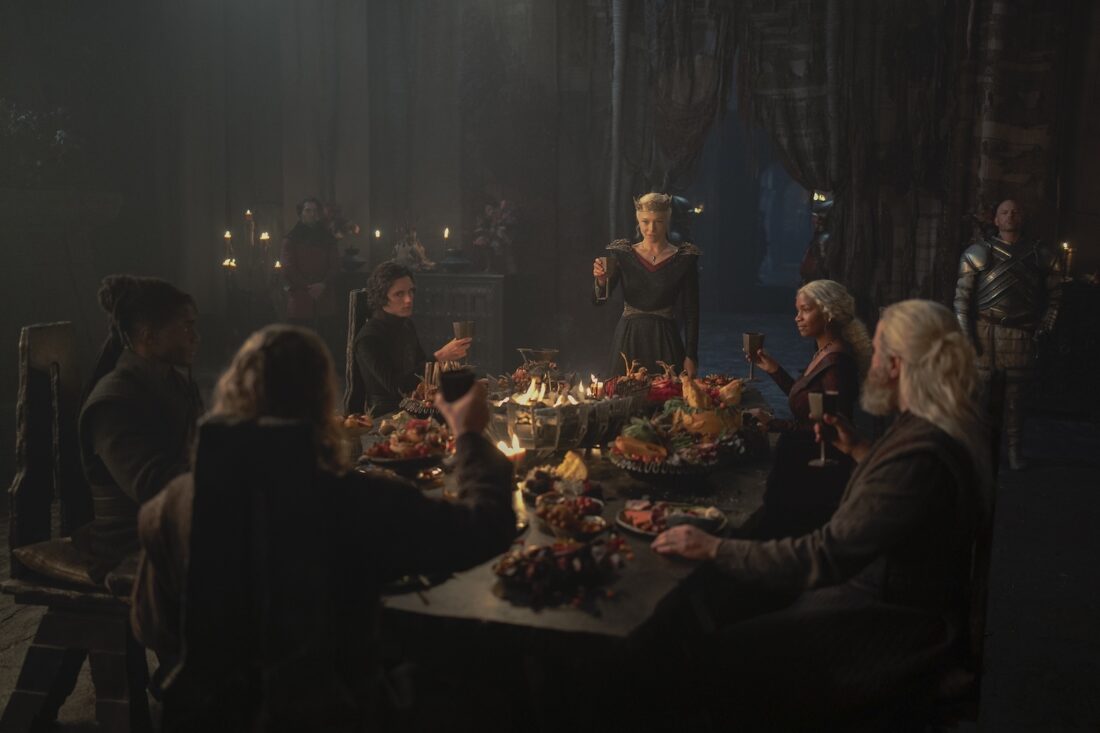 A scene from House of the Dragon season 2 episode 8: Rhaenyra (Emma D'Arcy) gives a toast