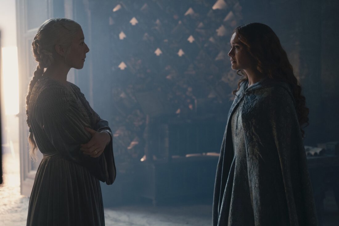 A scene from House of the Dragon season 2 episode 8: Rhaenyra (Emma D'Arcy) and Alicent (Olivia Cooke) face off