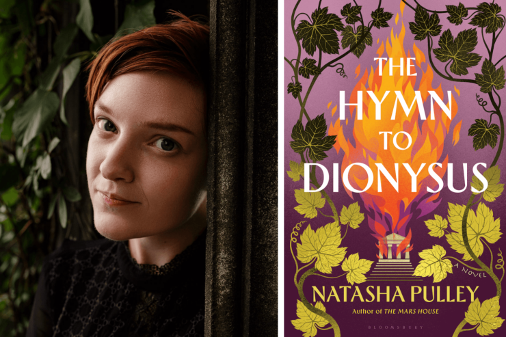 Photo of author Natasha Pulley and the cover of her upcoming novel The Hymn to Dionysus