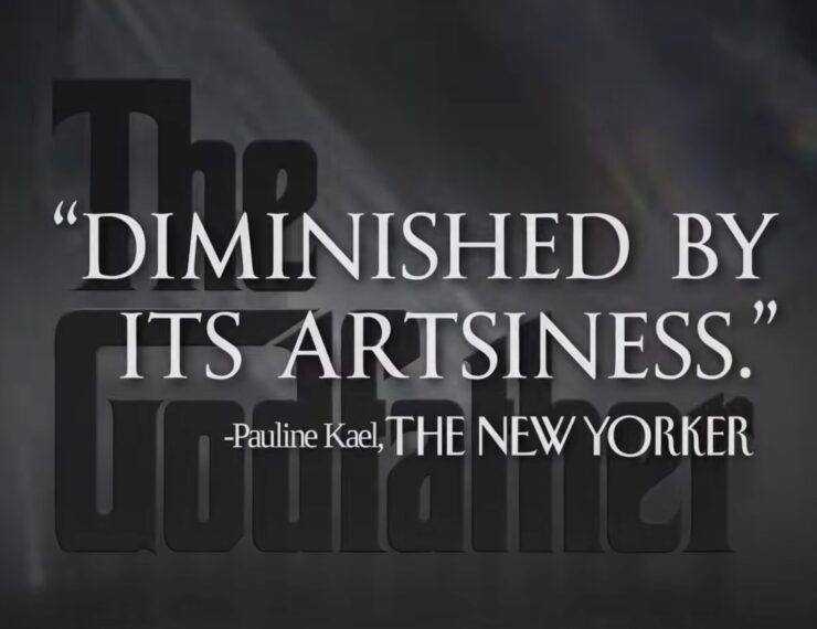 A screenshot of the pulled Megalopolis trailer featuring the Godfather title card, which is pasted over with a misattributed quote from critic Pauline Kael: "Diminished by it's artsiness."